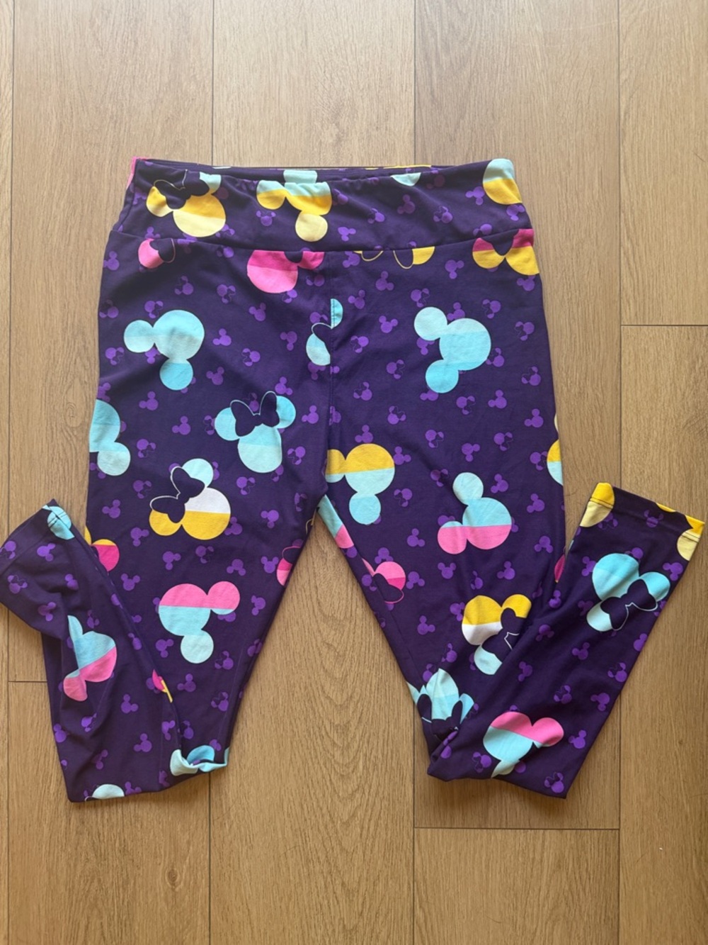 LuLaRoe Purple Leggings with Turquoise, Yellow & Pink Mickey-Inspired Print